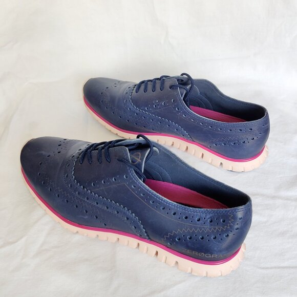 COLE HAAN Zerogrand Leather Wing Lace-up Oxford Marine Blue & Pink Sole 6B EUC - Picture 4 of 8